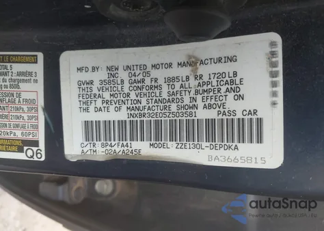 2005 Toyota Corolla Ce z USA, uszkodzony, nr VIN 1NXBR32E05Z503581